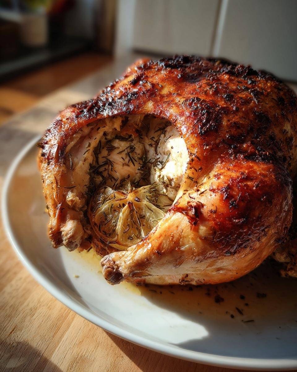 A perfectly roasted whole chicken, stuffed with lemon and herbs, ready for an Irresistible Christmas Chicken Recipe.