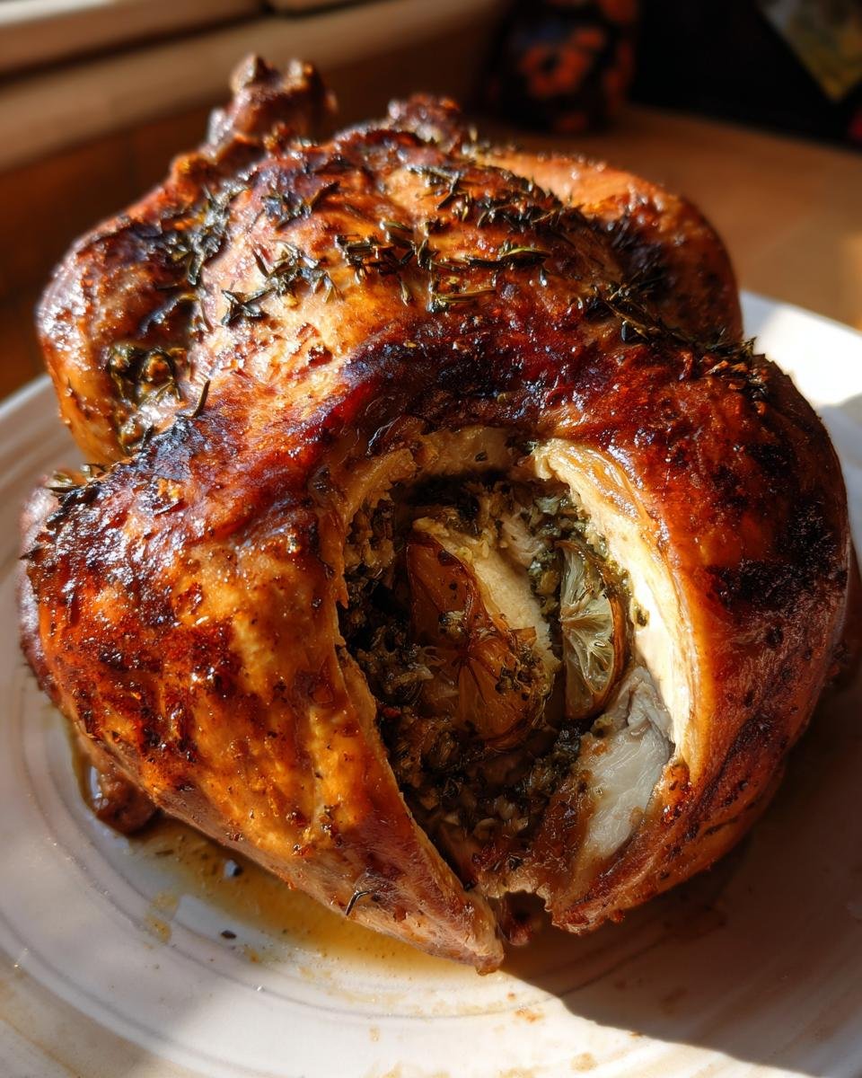 A perfectly roasted whole chicken with crispy, golden-brown skin, showing herb stuffing and lemon slices inside, perfect for an Irresistible Christmas Chicken Recipe.