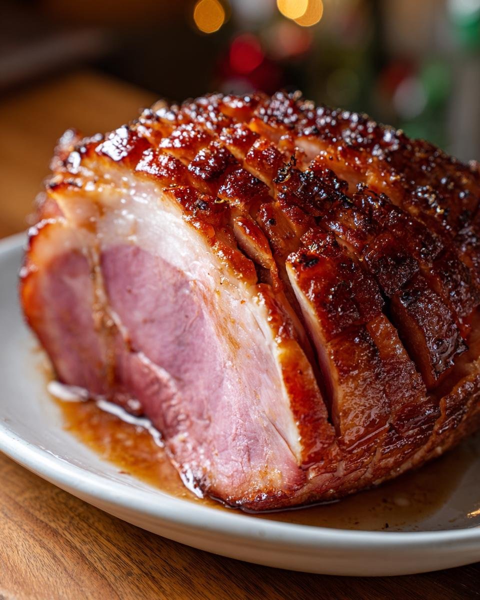Close-up of an Irresistible Christmas Ham Recipe with a dark, scored, and glistening glaze.