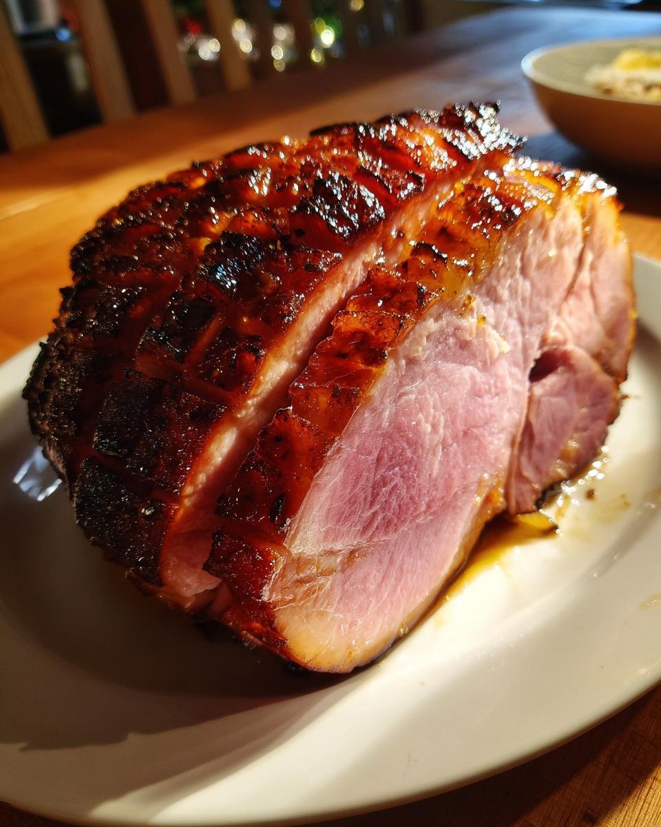 Close-up of a beautifully glazed and scored Irresistible Christmas Ham Recipe, partially sliced.