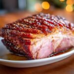 Close-up of an Irresistible Christmas Ham Recipe with a dark, caramelized, and scored glaze.