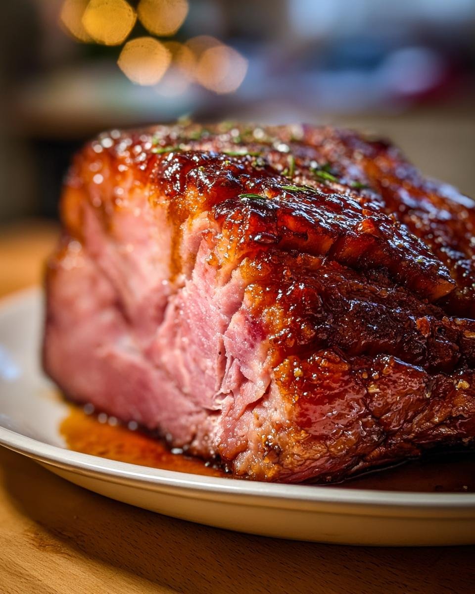 Close-up of a beautifully glazed, Irresistible Christmas Ham Recipe centerpiece on a white platter.