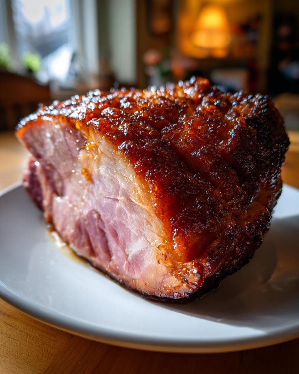 Close-up of a beautifully glazed, baked Christmas ham resting on a white platter.