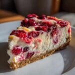 Close-up of a creamy slice of Irresistible Cranberry Orange Cheesecake Delight with a graham cracker crust.