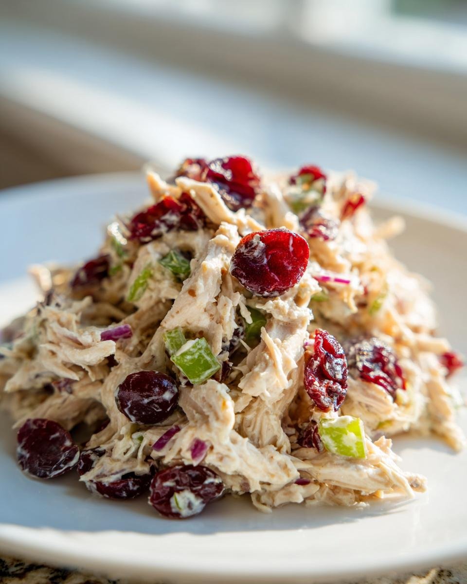 A close-up of a mound of Irresistible Cranberry Turkey Salad featuring shredded turkey, bright red cranberries, and green celery.