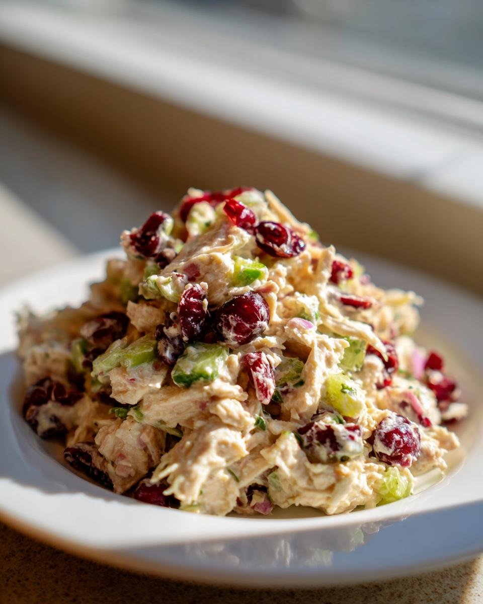 A mound of Irresistible Cranberry Turkey Salad featuring shredded turkey, celery, and dried cranberries on a white plate.
