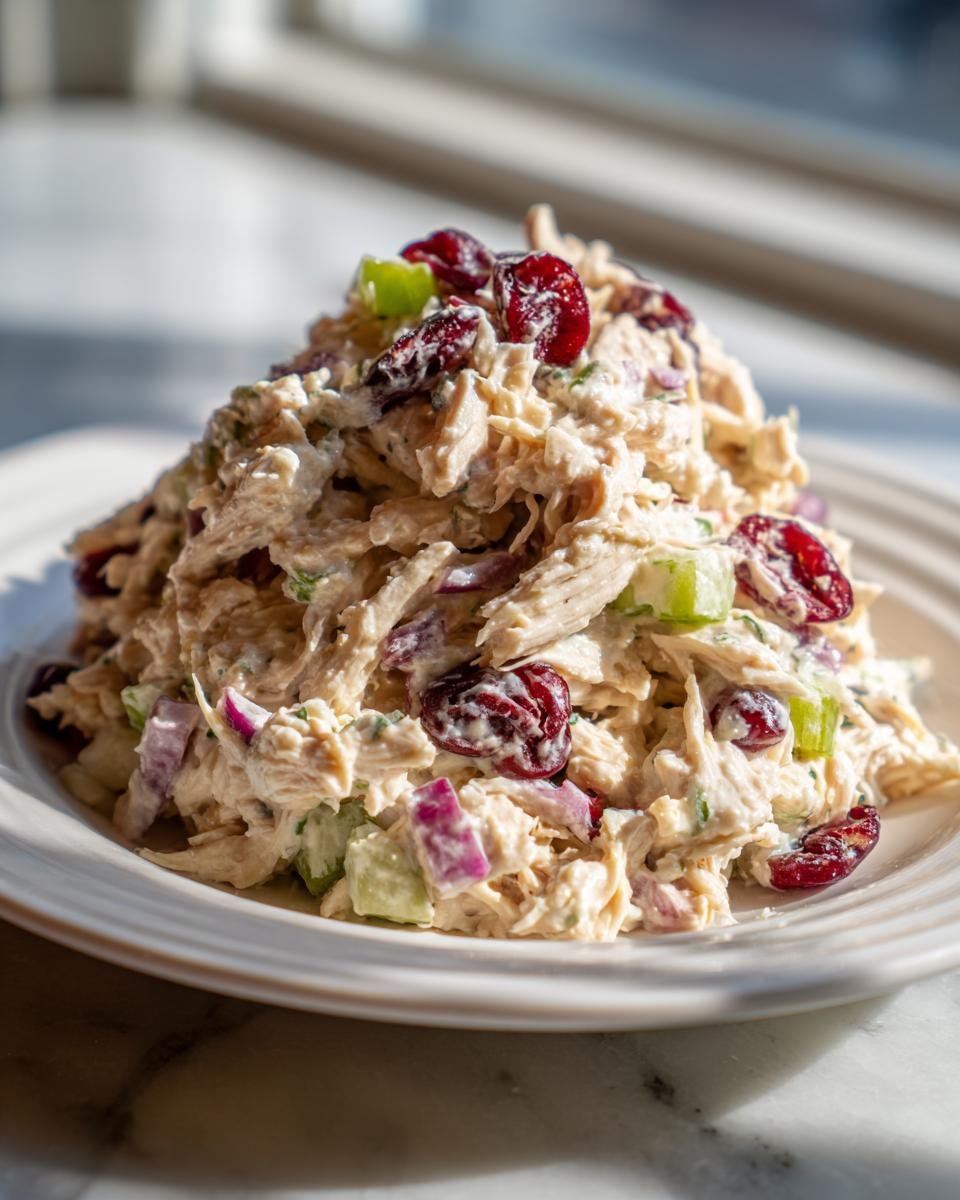 A mound of Irresistible Cranberry Turkey Salad featuring shredded turkey, dried cranberries, celery, and red onion on a white plate.