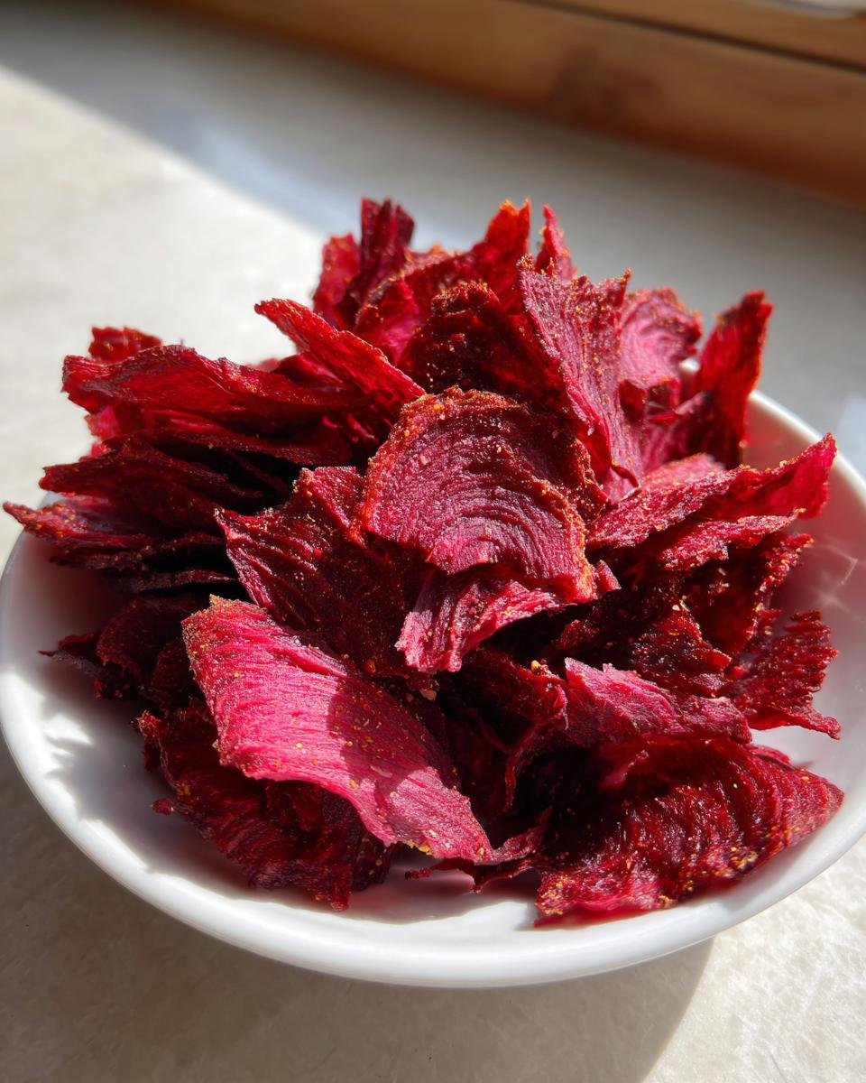 Close-up of a white bowl filled with vibrant, deep red, Irresistible Crispy Beet Chips seasoned lightly.
