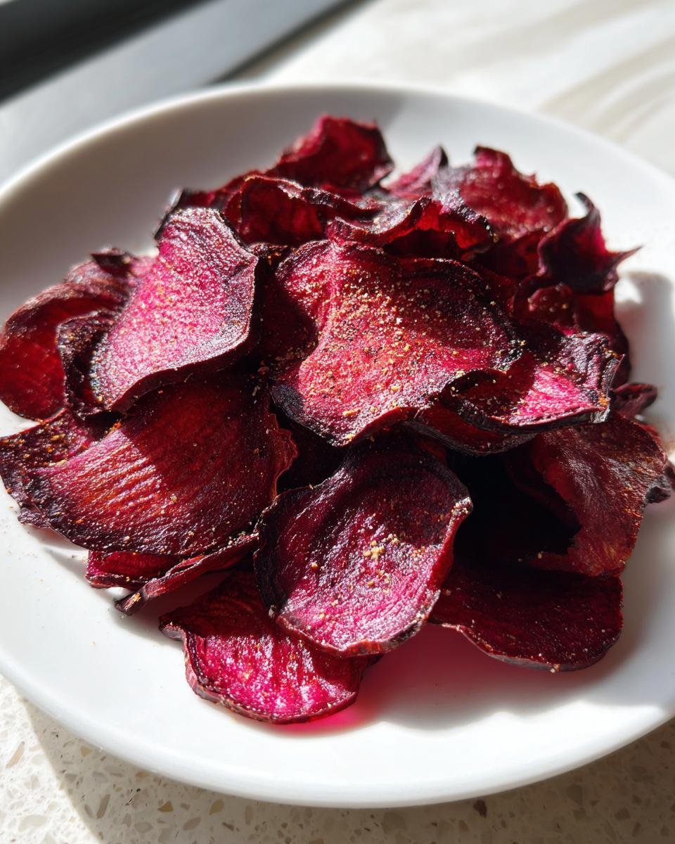 A close-up of a mound of deep red, crispy beet chips seasoned lightly, served on a white plate.