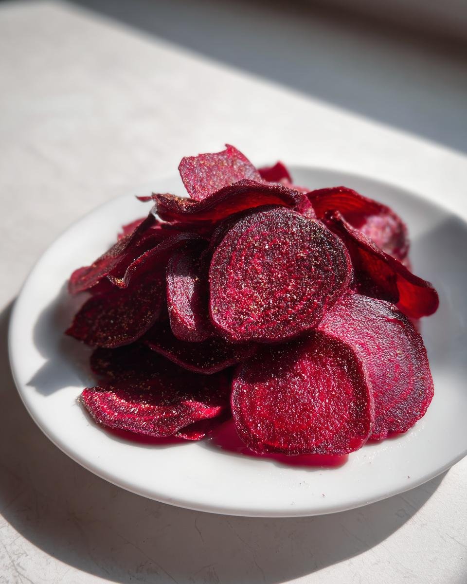 A close-up of a pile of deep red, seasoned, Irresistible Crispy Beet Chips served on a white plate.