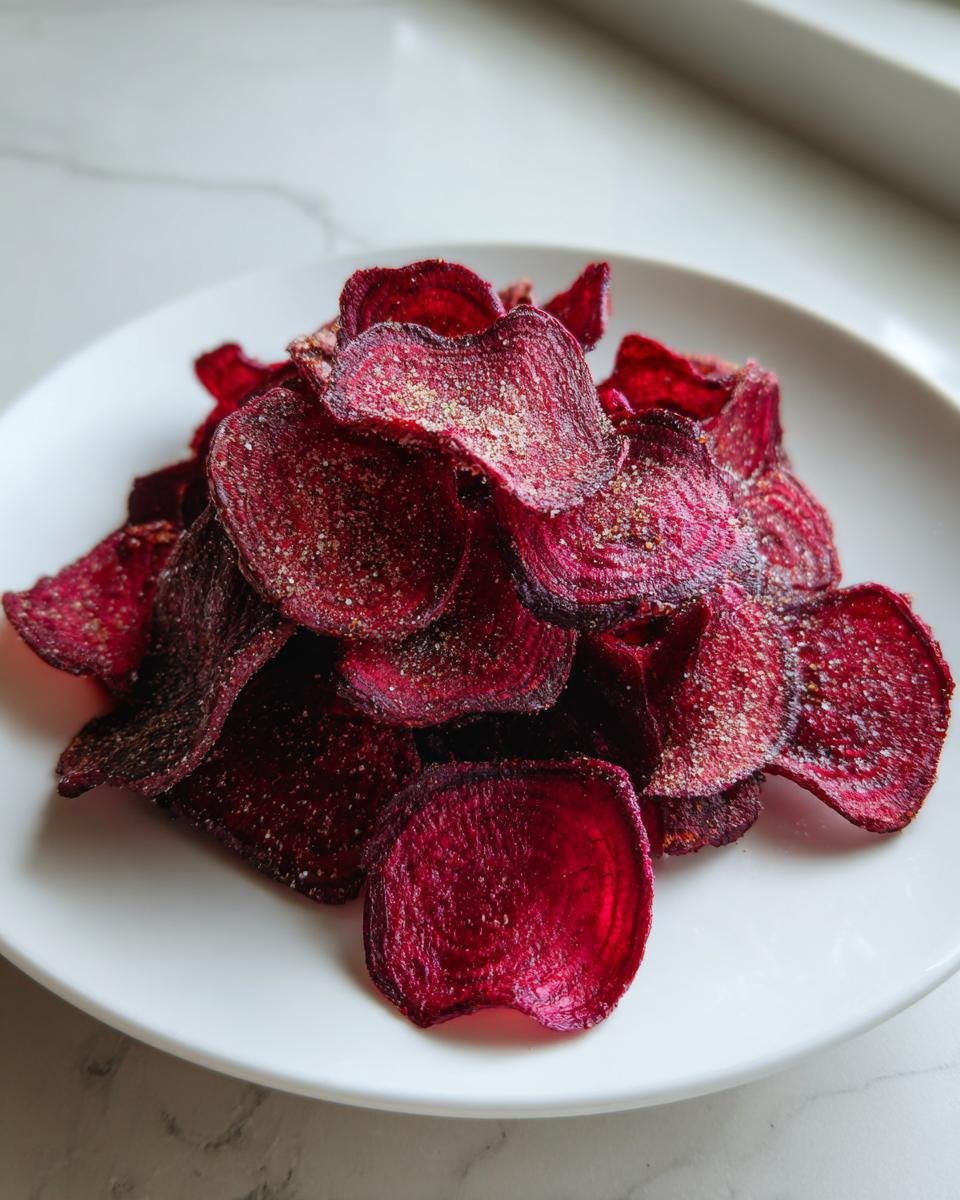 A mound of deep red, thinly sliced, seasoned Irresistible Crispy Beet Chips piled on a white plate.