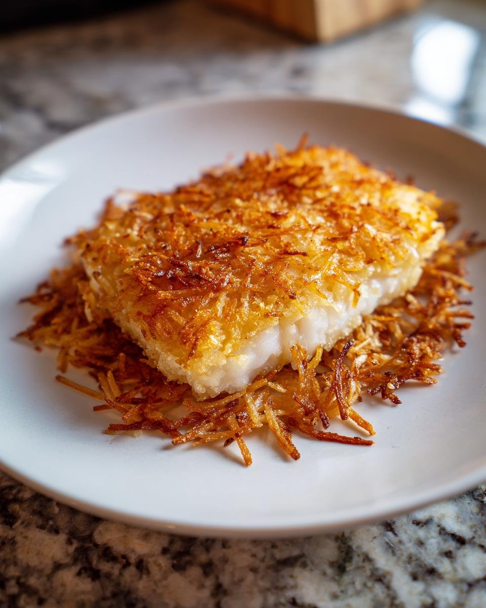 A perfectly cooked Irresistible Crispy Potato Crusted Fish Fillet served on a white plate.