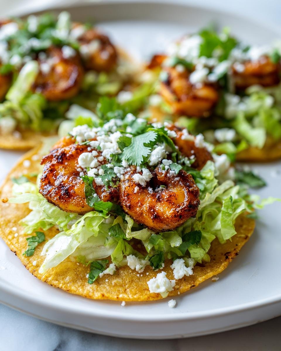 Close-up of a crispy shrimp tostada topped with lettuce, crumbled white cheese, and cilantro.