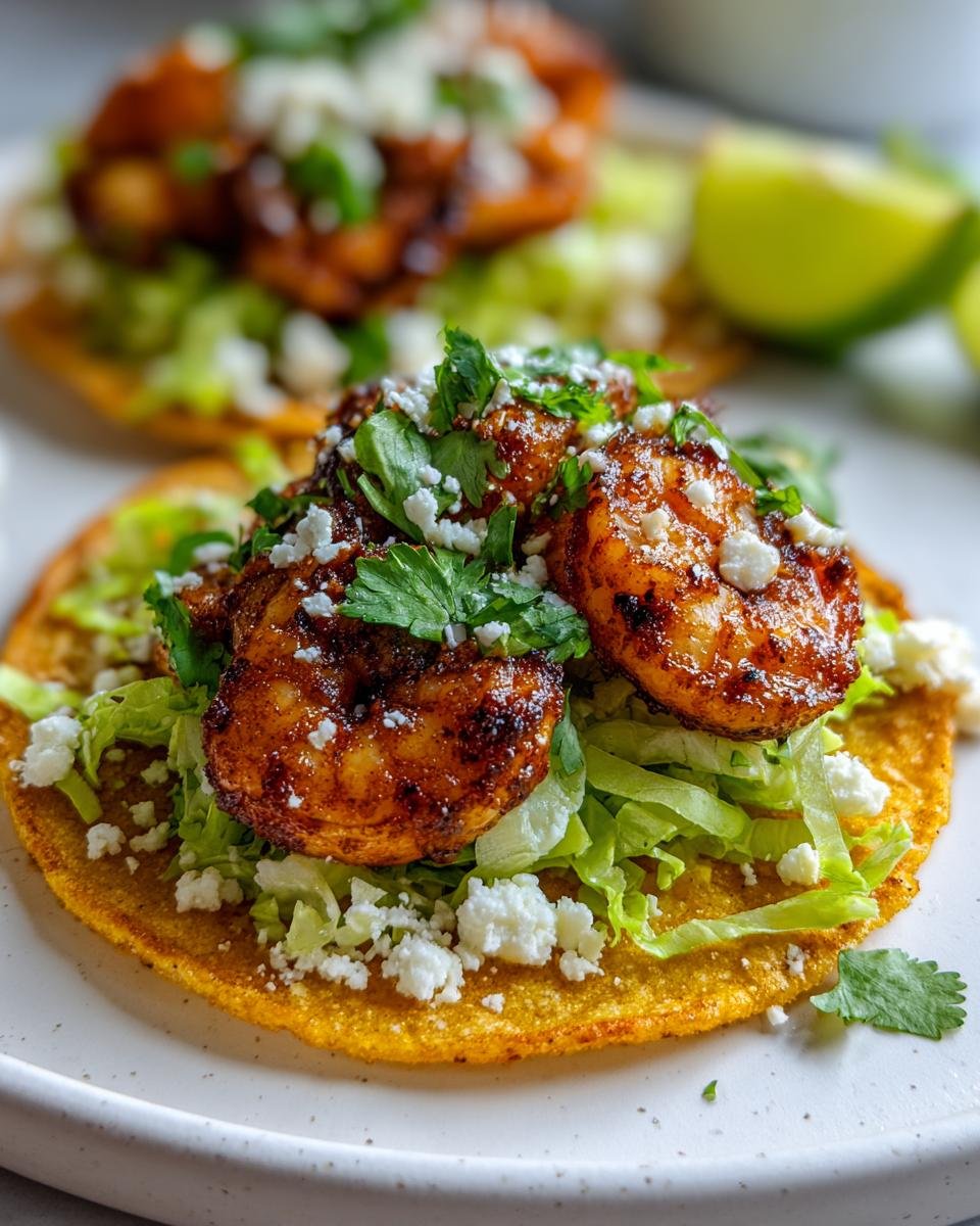 Close-up of a crispy shrimp tostada topped with seasoned shrimp, lettuce, cotija cheese, and cilantro.