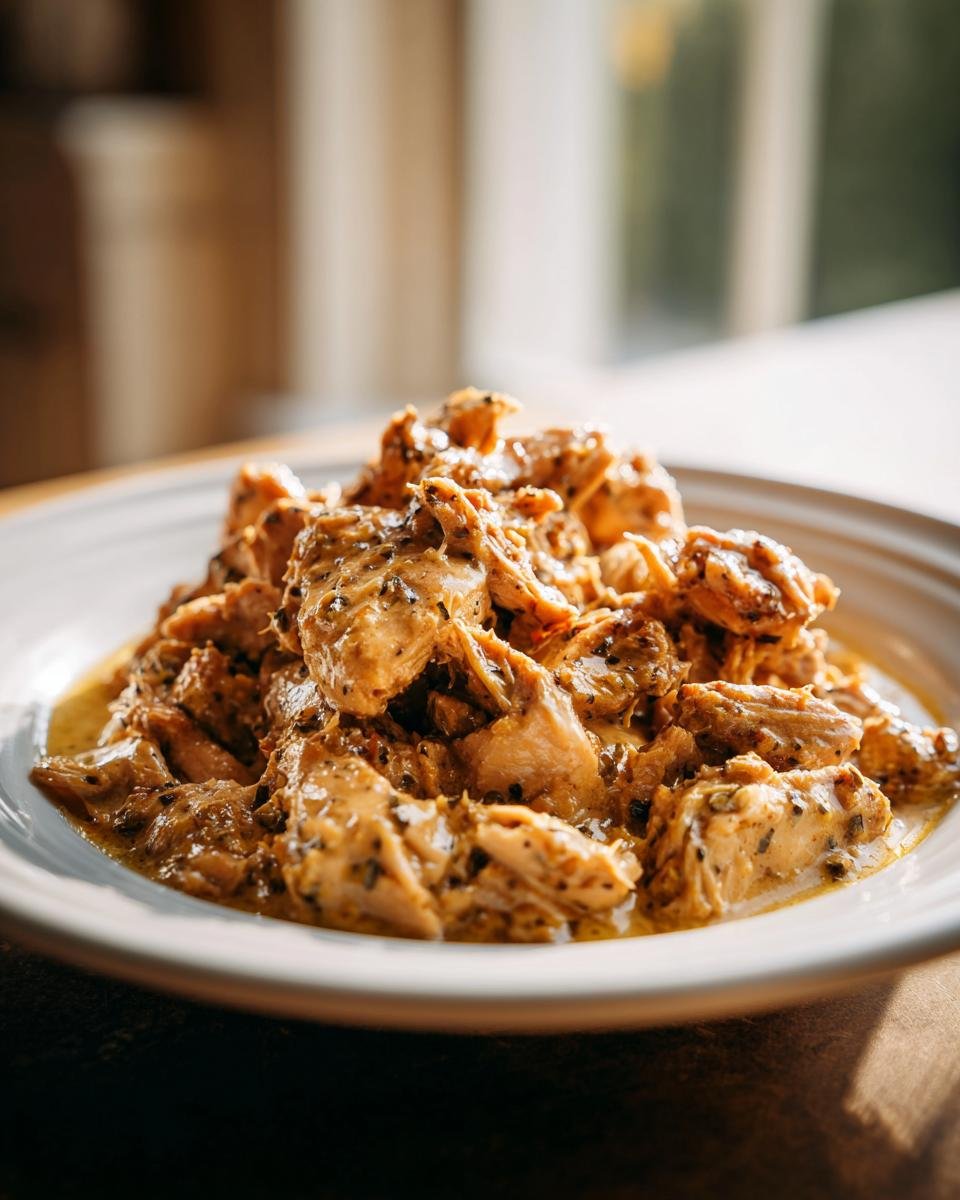 Close-up of shredded Irresistible Crockpot Ranch Chicken coated in a savory, creamy sauce with visible herbs.