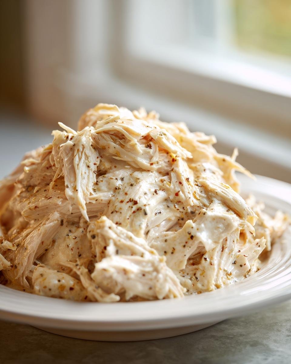 A close-up of creamy, shredded Irresistible Crockpot Ranch Chicken seasoned with pepper flakes on a white plate.