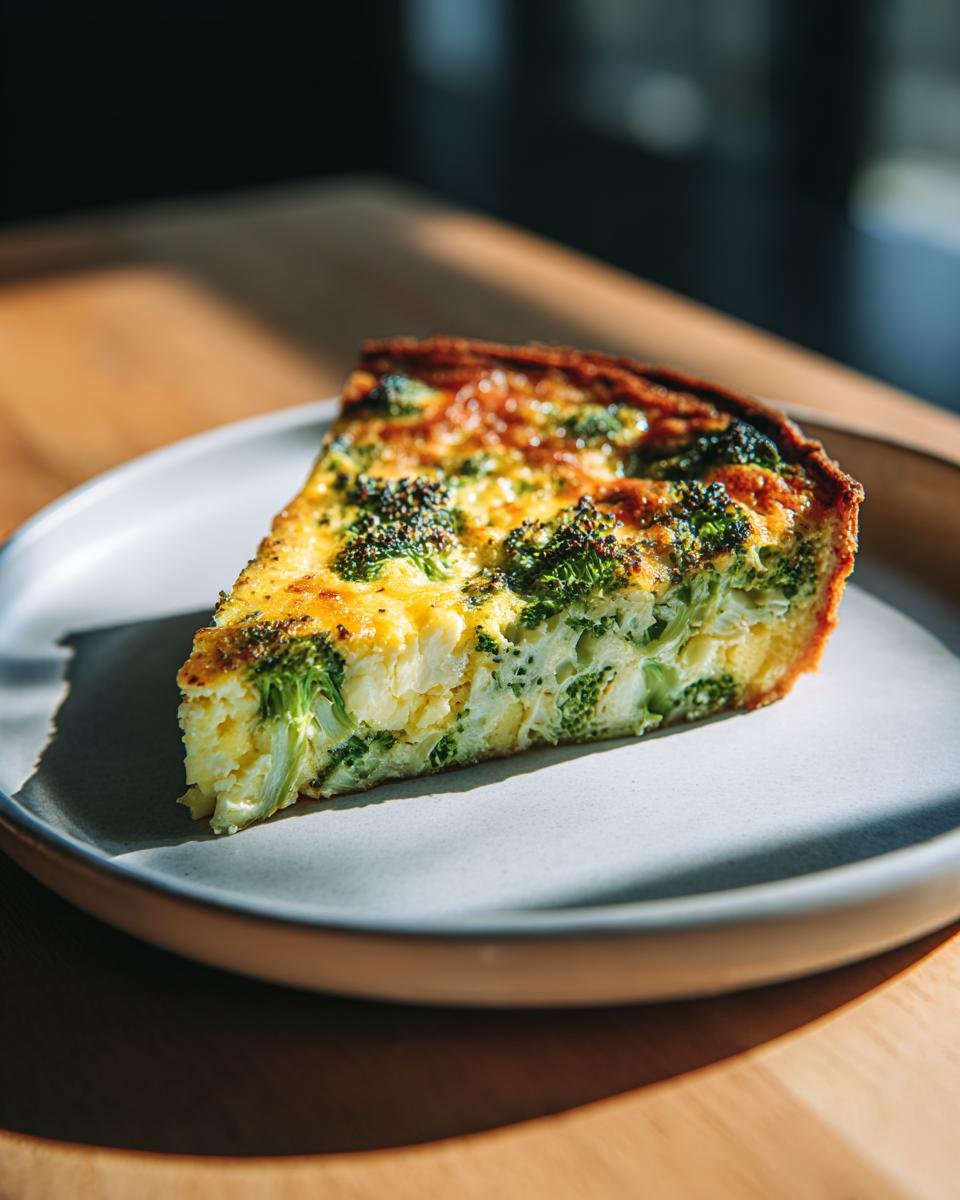 A close-up slice of Irresistible Easy Broccoli Quiche with a golden crust and visible green broccoli florets.