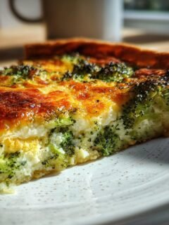 Close-up of a golden-brown slice of Irresistible Easy Broccoli Quiche on a speckled white plate.