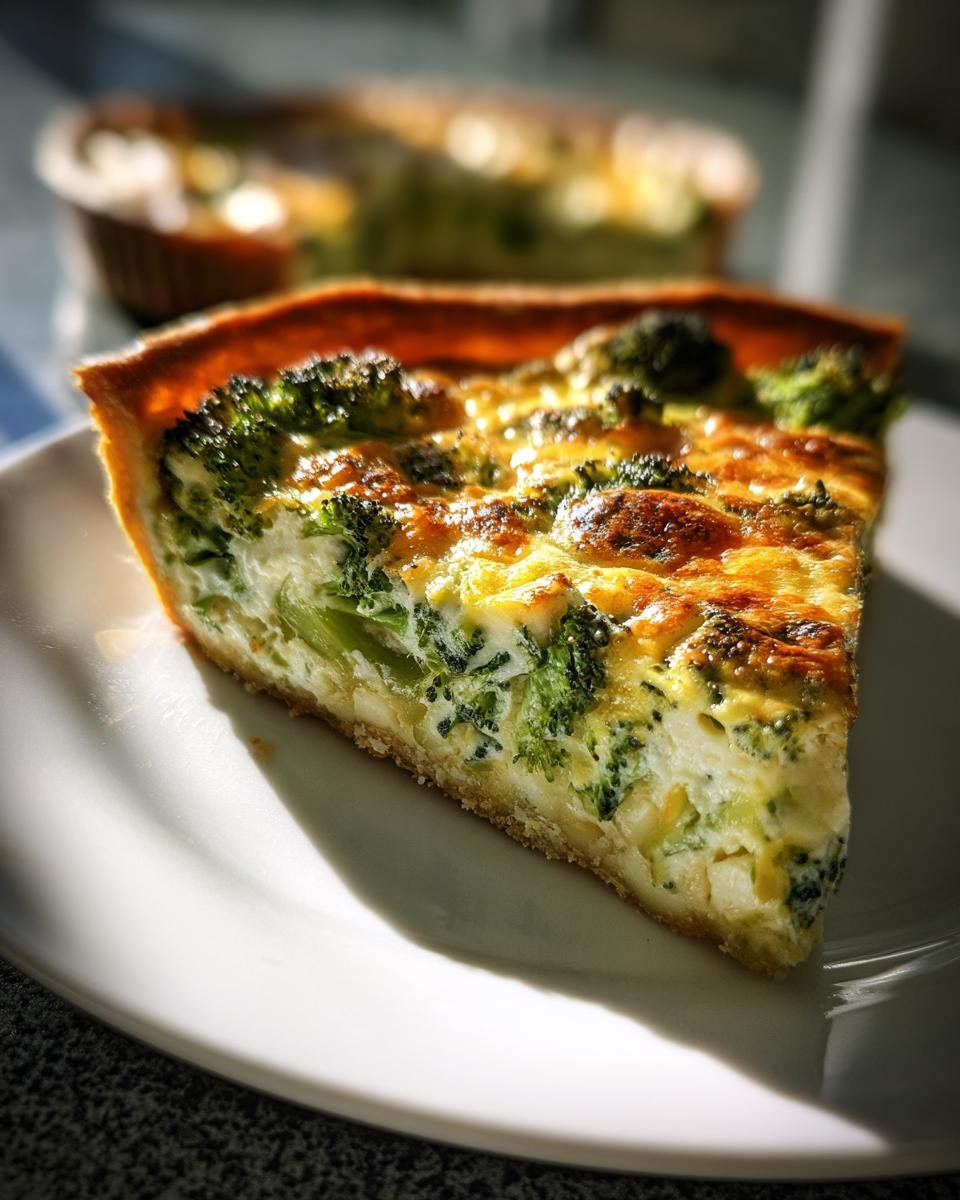 A close-up slice of Irresistible Easy Broccoli Quiche showing golden crust and cheesy broccoli filling.