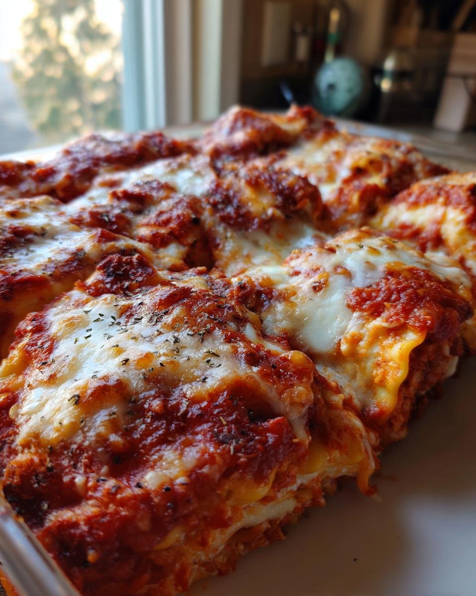 Close-up of a square slice of Irresistible Easy Cheesy Baked Ravioli Recipe, topped with bubbling marinara sauce and melted mozzarella.