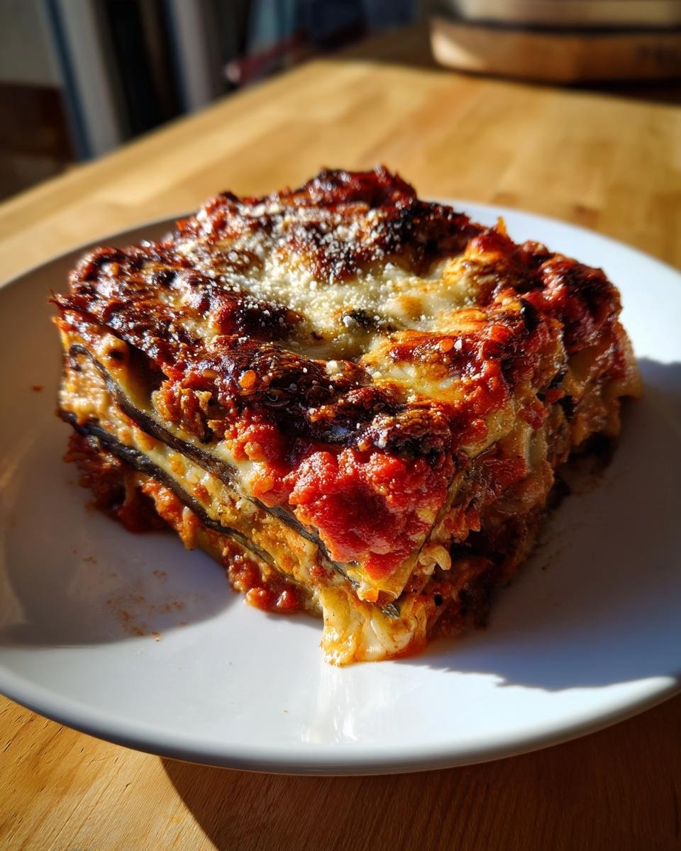 A perfectly baked, cheesy slice of Irresistible Eggplant Parmesan Recipe served on a white plate.