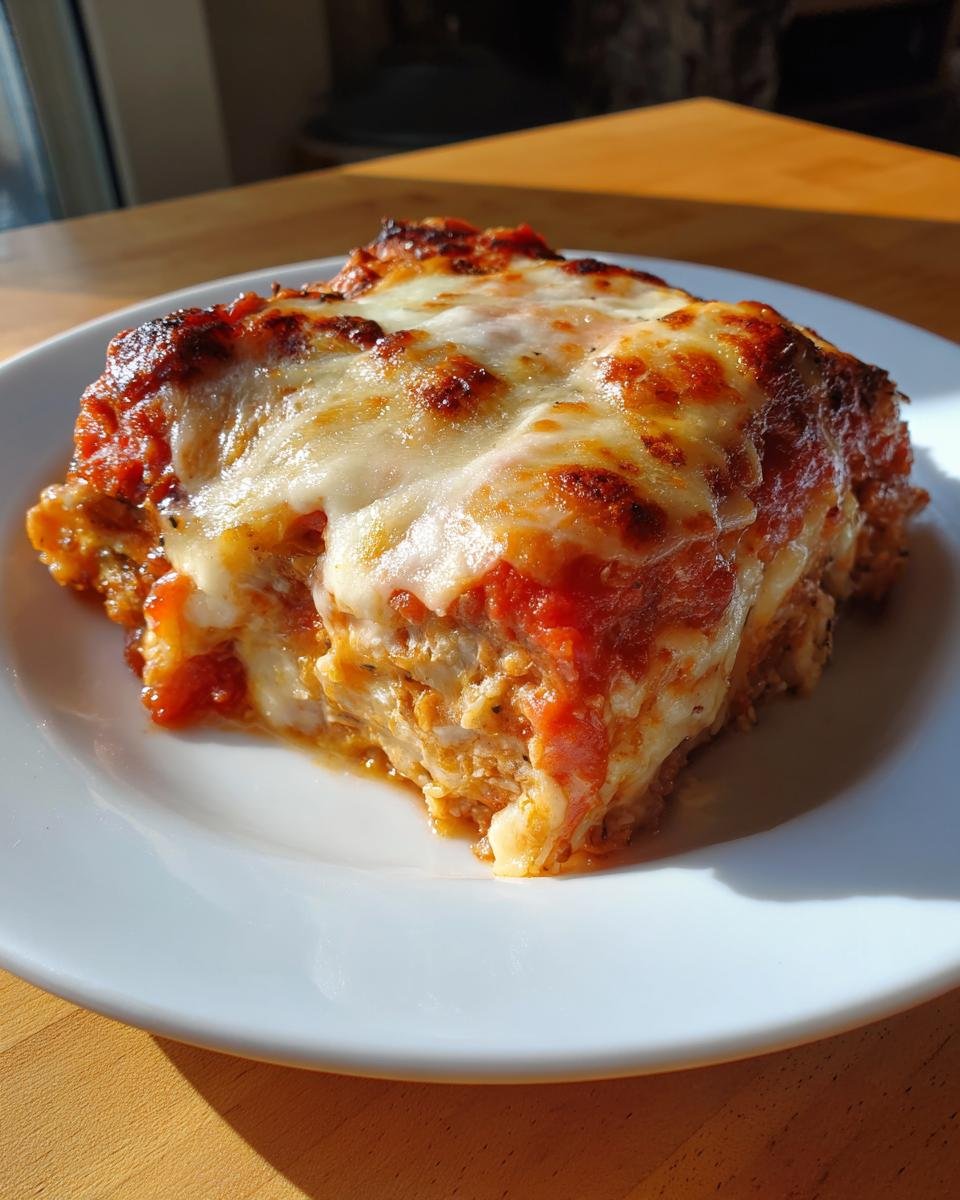 A generous slice of Irresistible Eggplant Parmesan topped with bubbly, melted mozzarella cheese and rich tomato sauce.