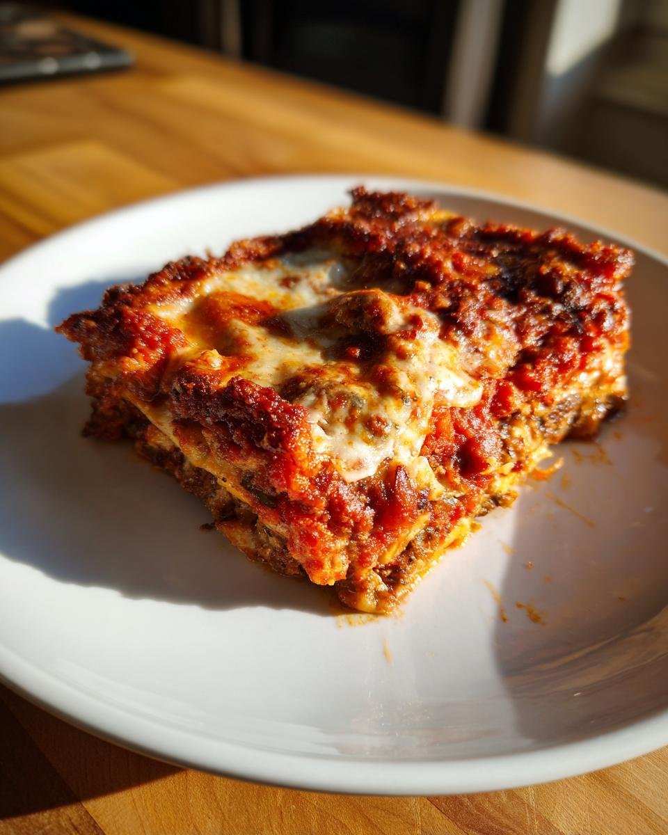 A thick, cheesy slice of Irresistible Eggplant Parmesan Recipe covered in rich tomato sauce.