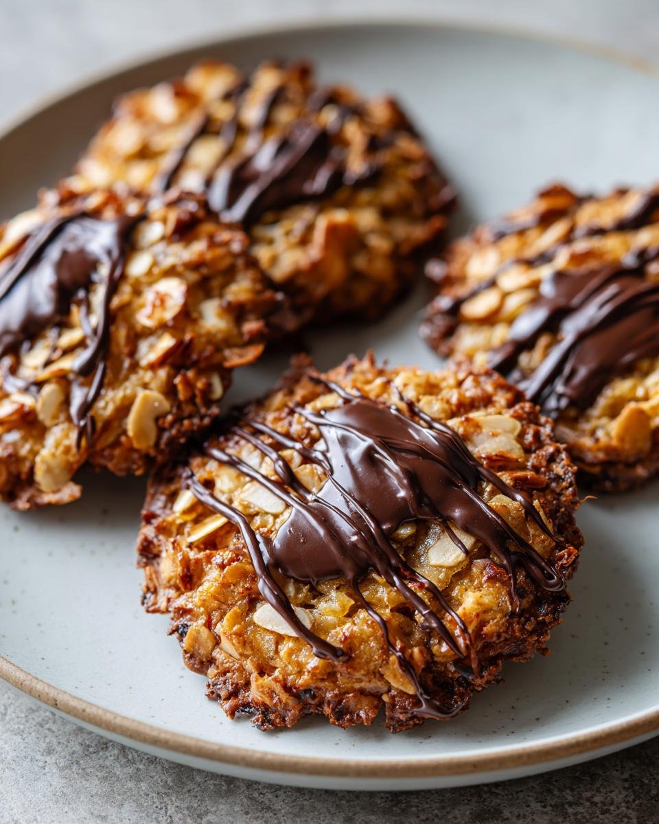 Close-up of four Irresistible Florentine Cookies topped with a rich dark chocolate drizzle on a light gray plate.