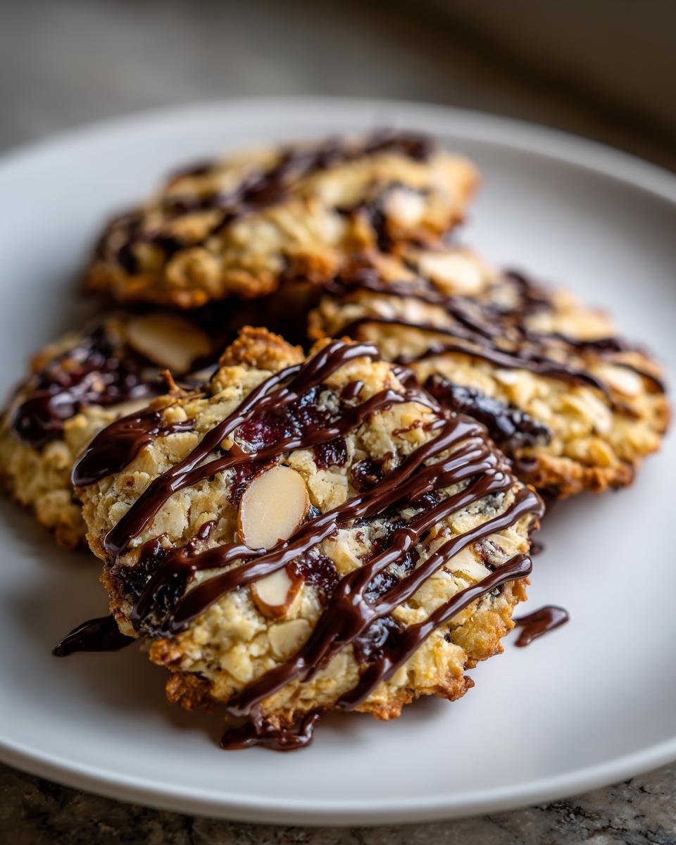 Close-up of several Irresistible Florentine Cookies drizzled with dark chocolate on a white plate.