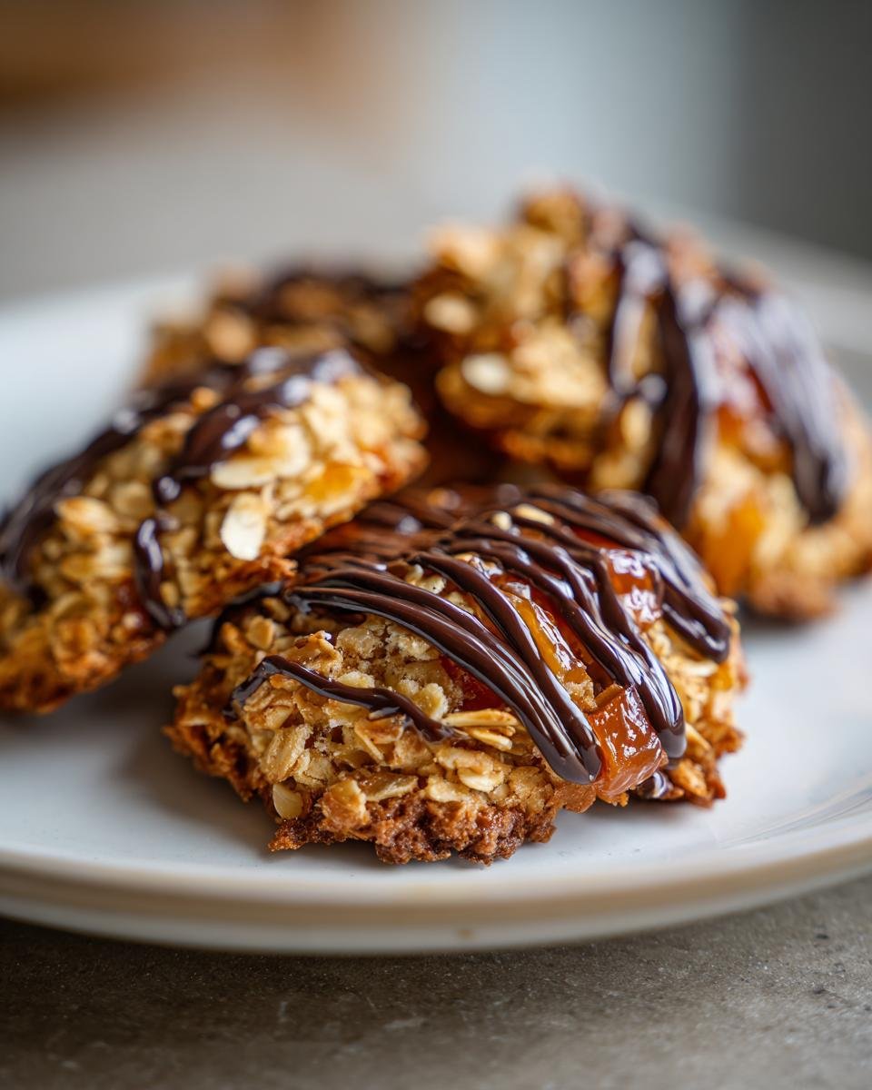 Close-up of several Irresistible Florentine Cookies made with oats and topped with a rich dark chocolate drizzle.