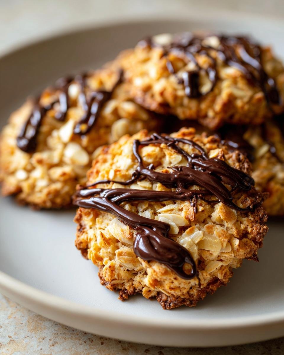 Close-up of Irresistible Florentine Cookies, featuring toasted almonds and a rich dark chocolate drizzle on top.