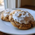 Two Irresistible Fluffernutter Cookies topped with toasted marshmallow fluff on a white plate.