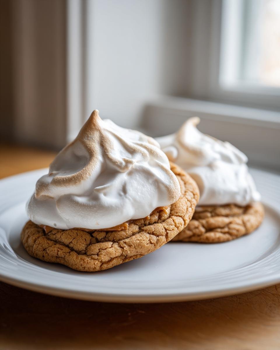 Two Irresistible Fluffernutter Cookies topped with toasted marshmallow fluff on a white plate.