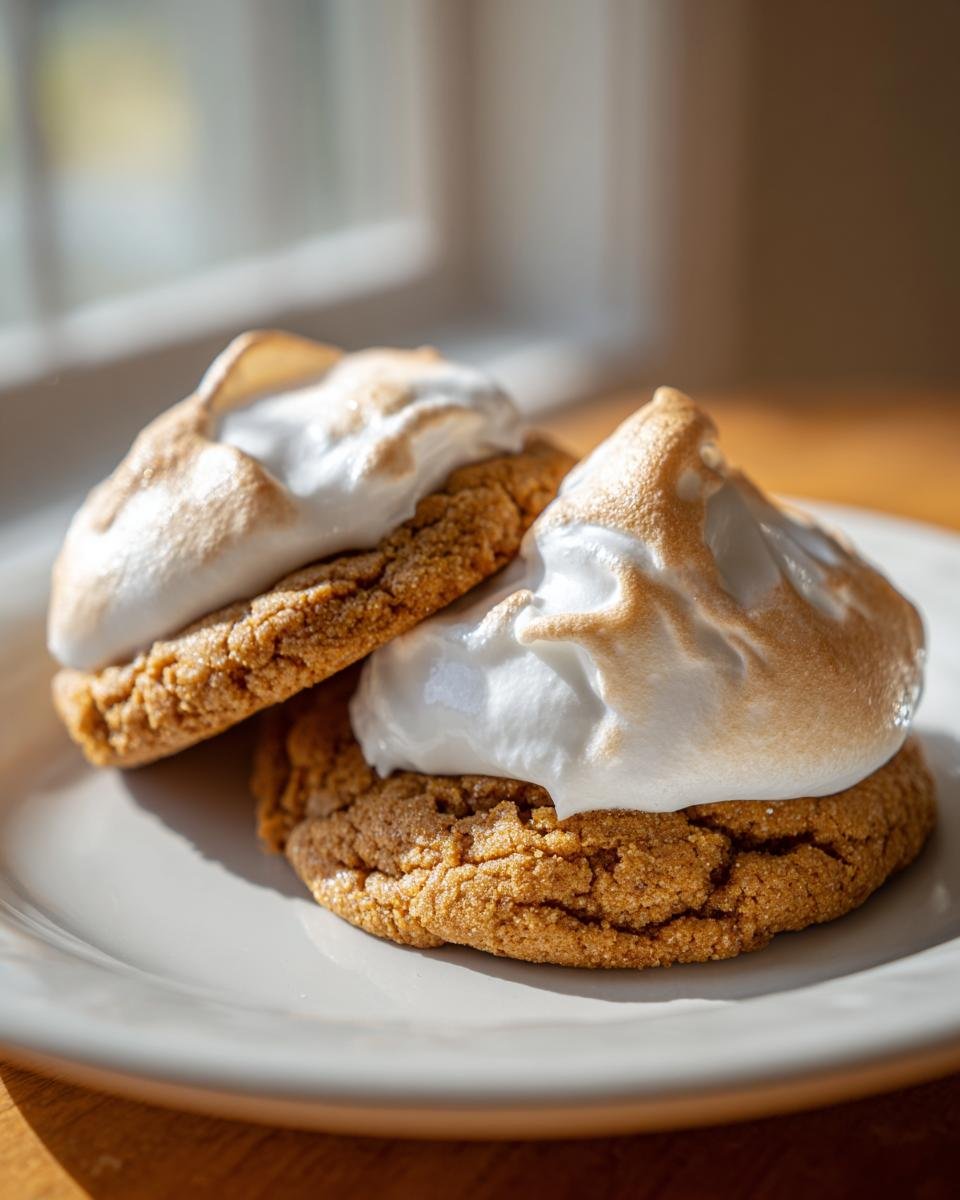 Two Irresistible Fluffernutter Cookies stacked slightly, featuring a toasted marshmallow topping on a light plate.