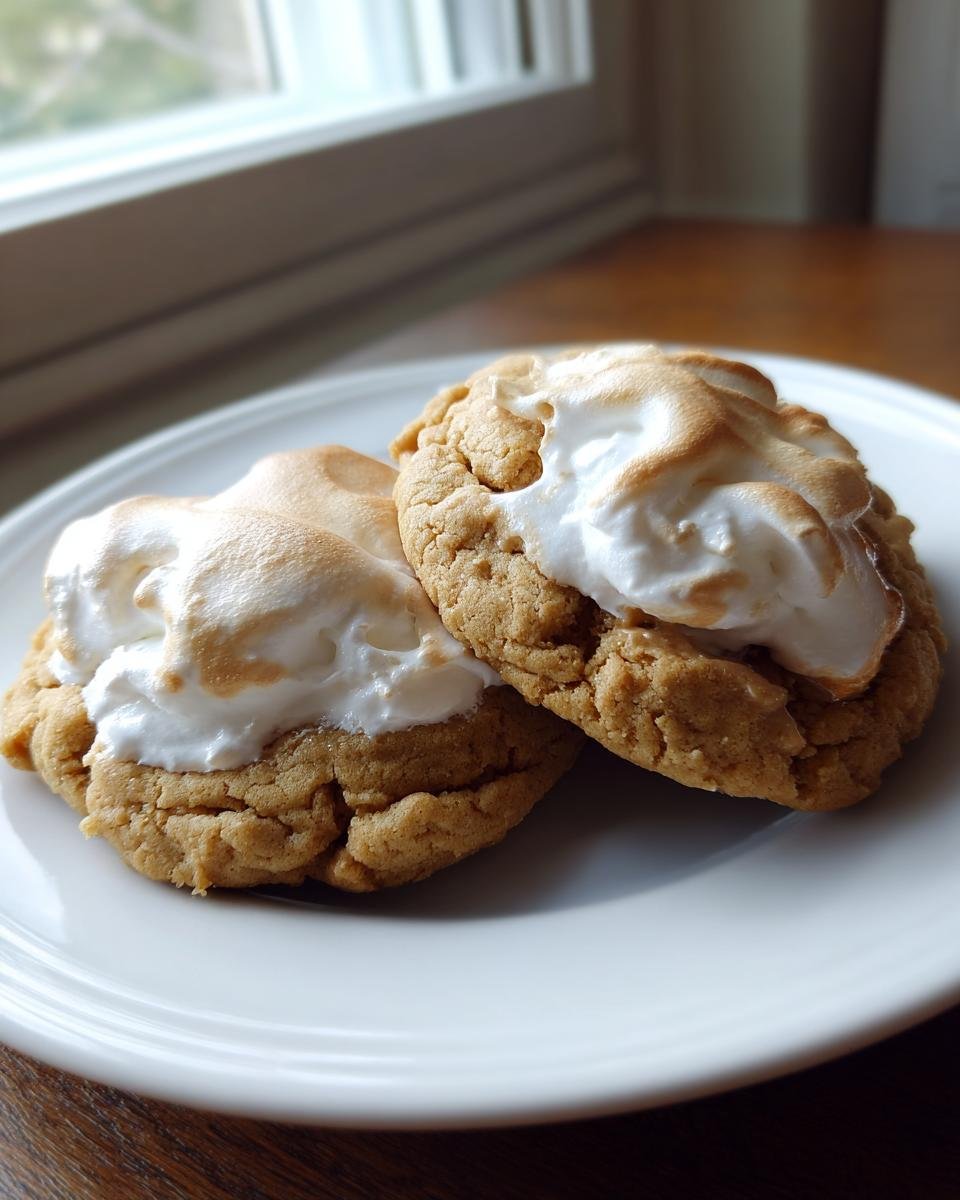 Two Irresistible Fluffernutter Cookies topped with toasted marshmallow fluff on a white plate.