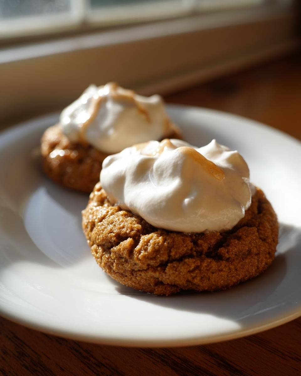 Two Irresistible Fluffernutter Cookies topped with whipped cream and a drizzle of caramel or peanut butter.
