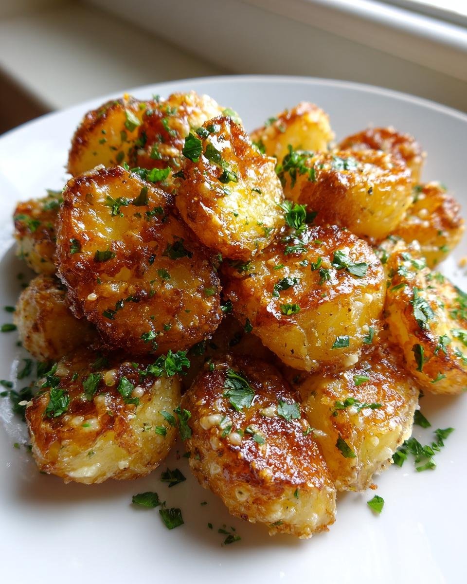 A pile of golden brown, crispy Irresistible Garlic Parmesan Roasted Potatoes garnished with fresh parsley.