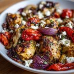 Close-up of Irresistible Greek Sheet Pan Chicken with roasted tomatoes, red onions, and crumbled feta cheese.