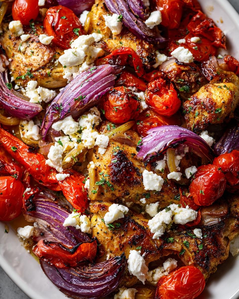 Close-up of Irresistible Greek Sheet Pan Chicken topped with roasted red onions, blistered tomatoes, and crumbled feta cheese.