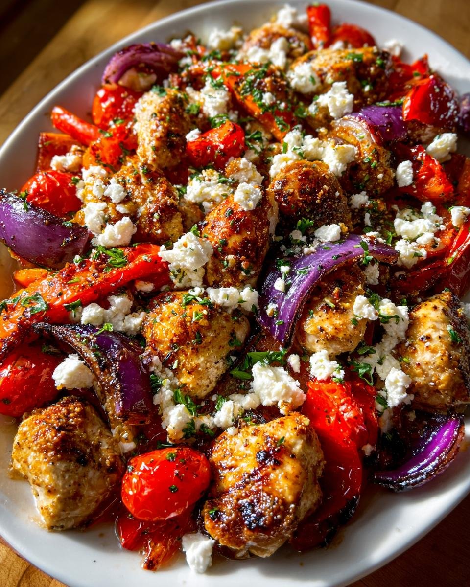 Close-up of Irresistible Greek Sheet Pan Chicken pieces served with roasted red peppers, onions, and crumbled feta cheese.
