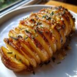 A perfectly baked, golden-brown Irresistible Hasselback Potatoes slice topped with herbs and coarse salt.