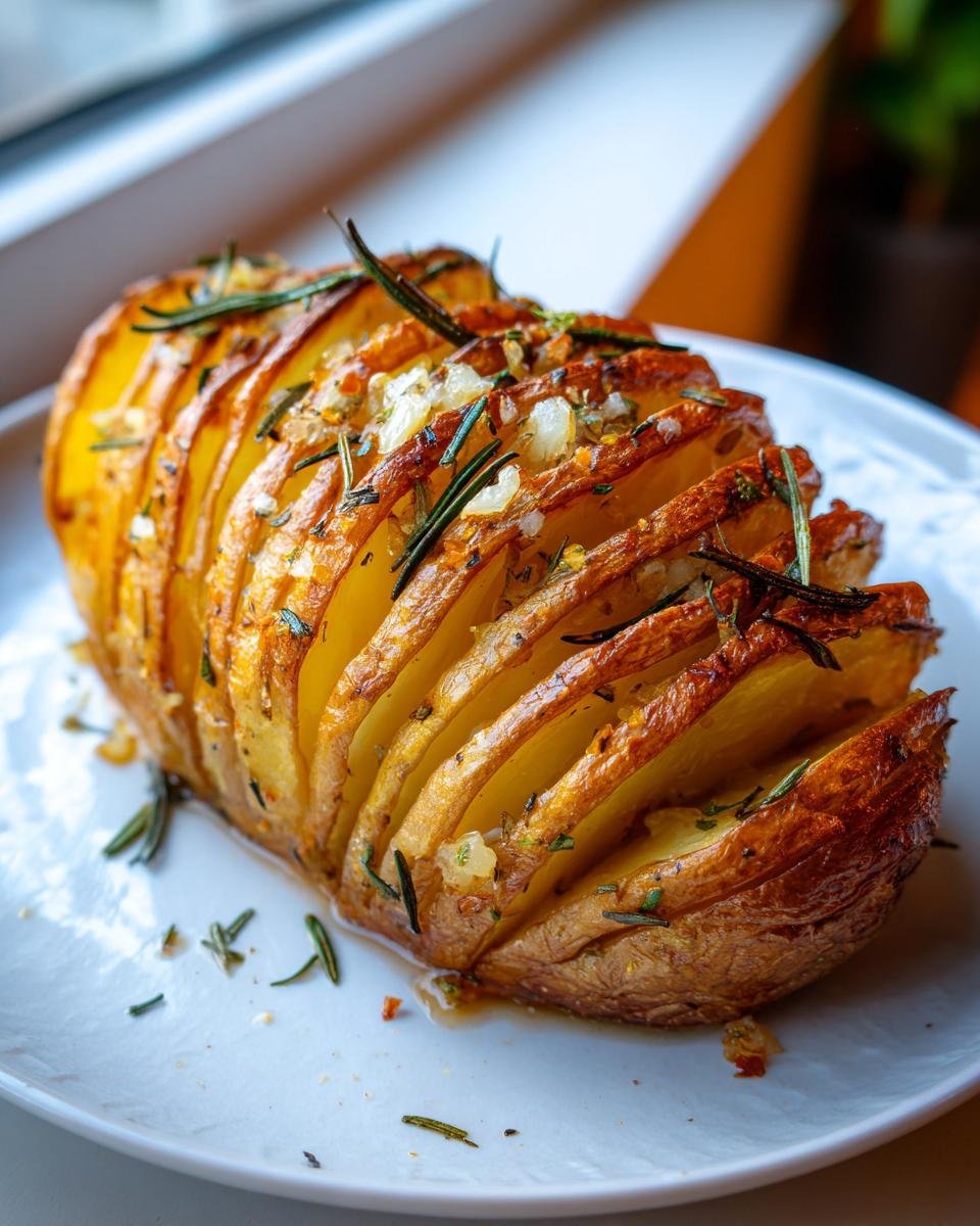 A single, perfectly baked Irresistible Hasselback Potatoes Crispy Buttery Delight topped with rosemary and garlic.