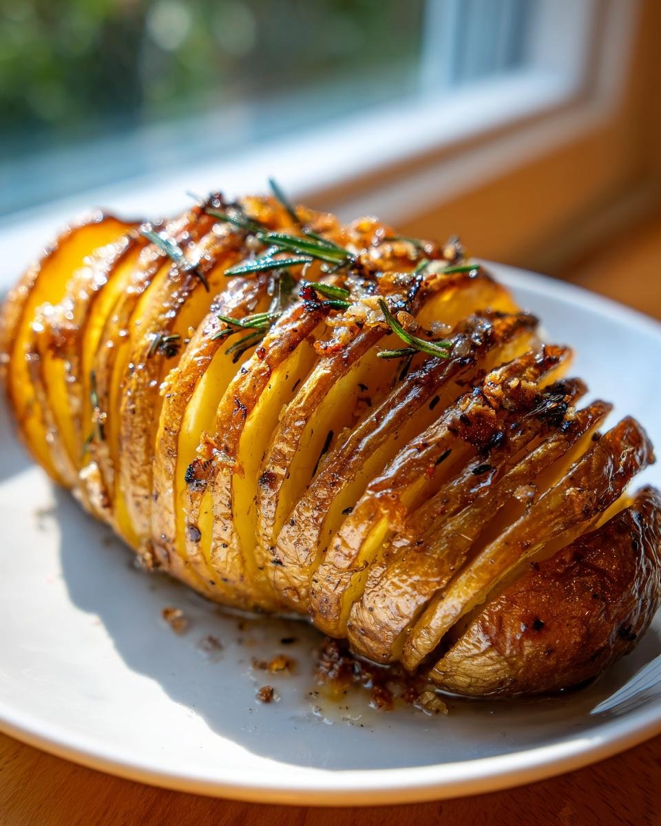 A single, perfectly baked Irresistible Hasselback Potatoes Crispy Buttery Delight topped with fresh rosemary.