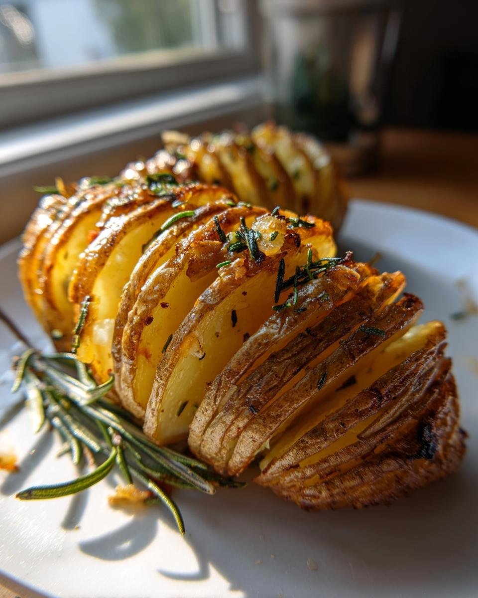 Close-up of Irresistible Hasselback Potatoes Crispy Buttery Delight, baked golden brown and topped with fresh rosemary.