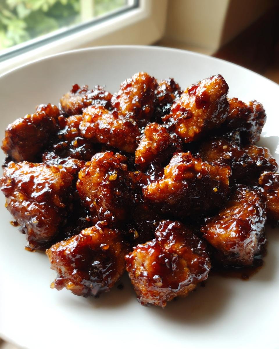 Close-up of crispy chicken pieces coated in a thick, glossy, dark hoisin sauce, part of the Irresistible Hoisin Chicken Recipe.