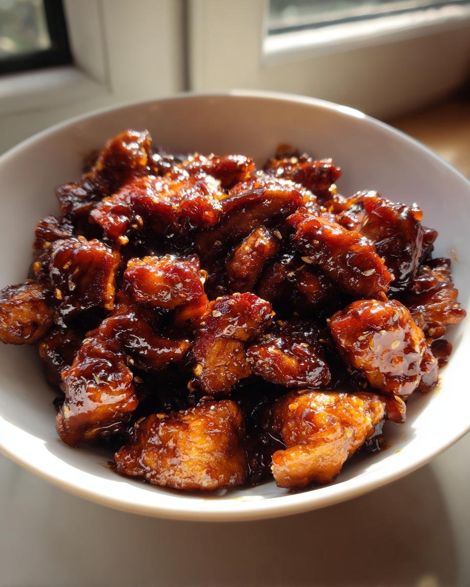 Close-up of crispy chicken pieces coated in a thick, glossy sauce, ready to serve as Irresistible Hoisin Chicken Recipe.