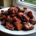 A plate piled high with Irresistible Hoisin Chicken Recipe pieces coated in a thick, glossy, dark brown sauce and sprinkled with sesame seeds.