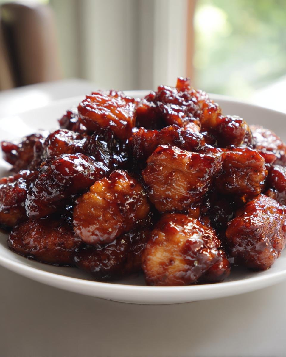 Close-up of bite-sized pieces of Irresistible Hoisin Chicken Recipe coated in a thick, glossy, dark brown sauce.