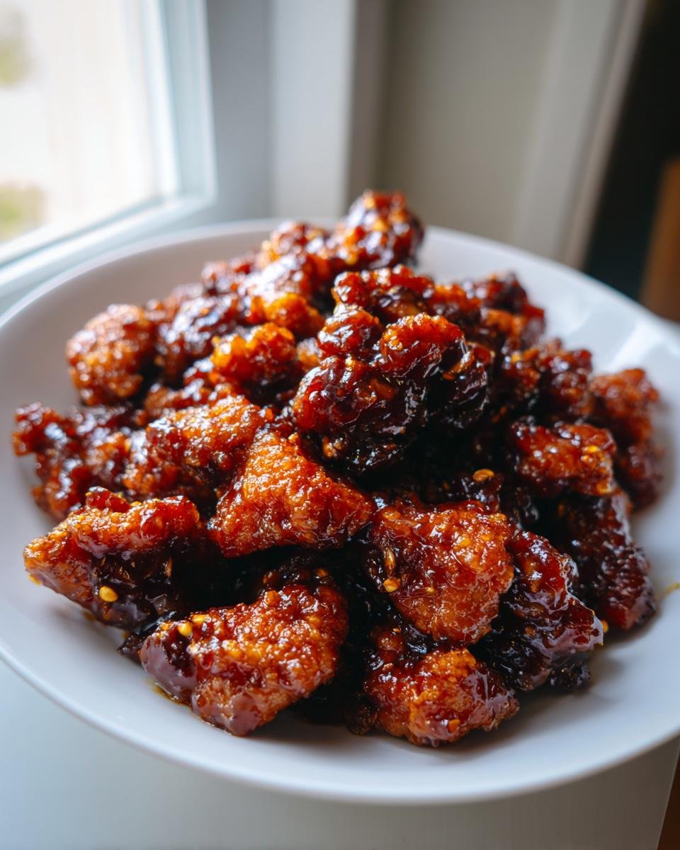 Close-up of crispy chicken pieces coated in a thick, glossy, dark hoisin sauce, ready to serve as part of the Irresistible Hoisin Chicken Recipe.