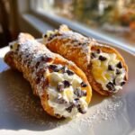 Two freshly made Irresistible Homemade Cannoli filled with cream and mini chocolate chips, dusted with powdered sugar.